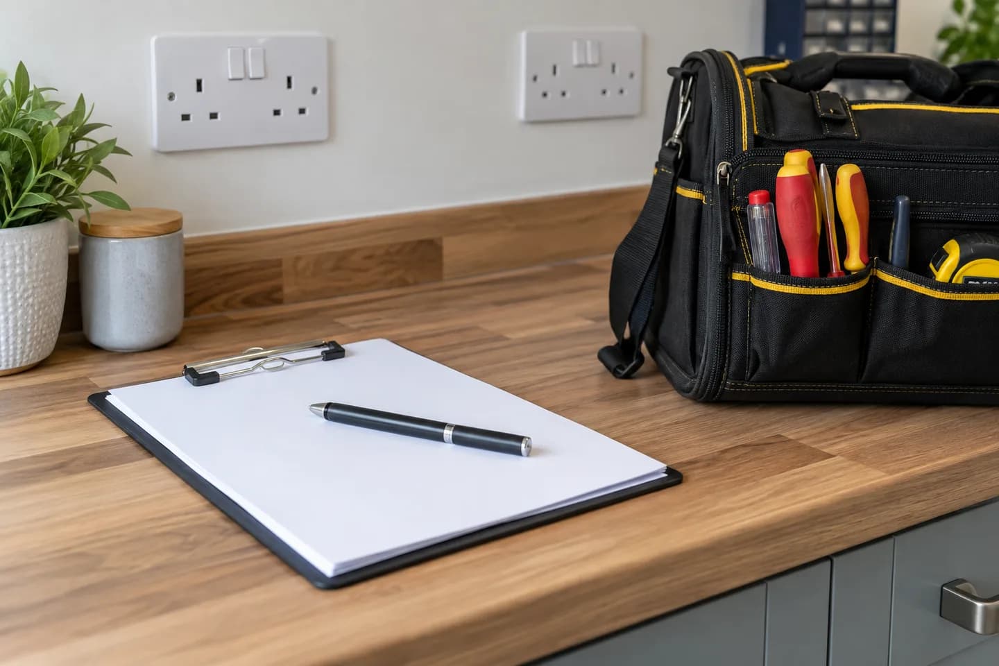 Inspection paperwork and tools on a kitchen worktop