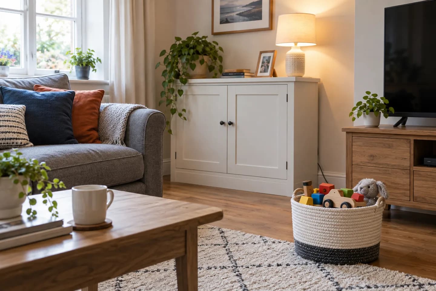 Family living room with toys stored away from electrical equipment