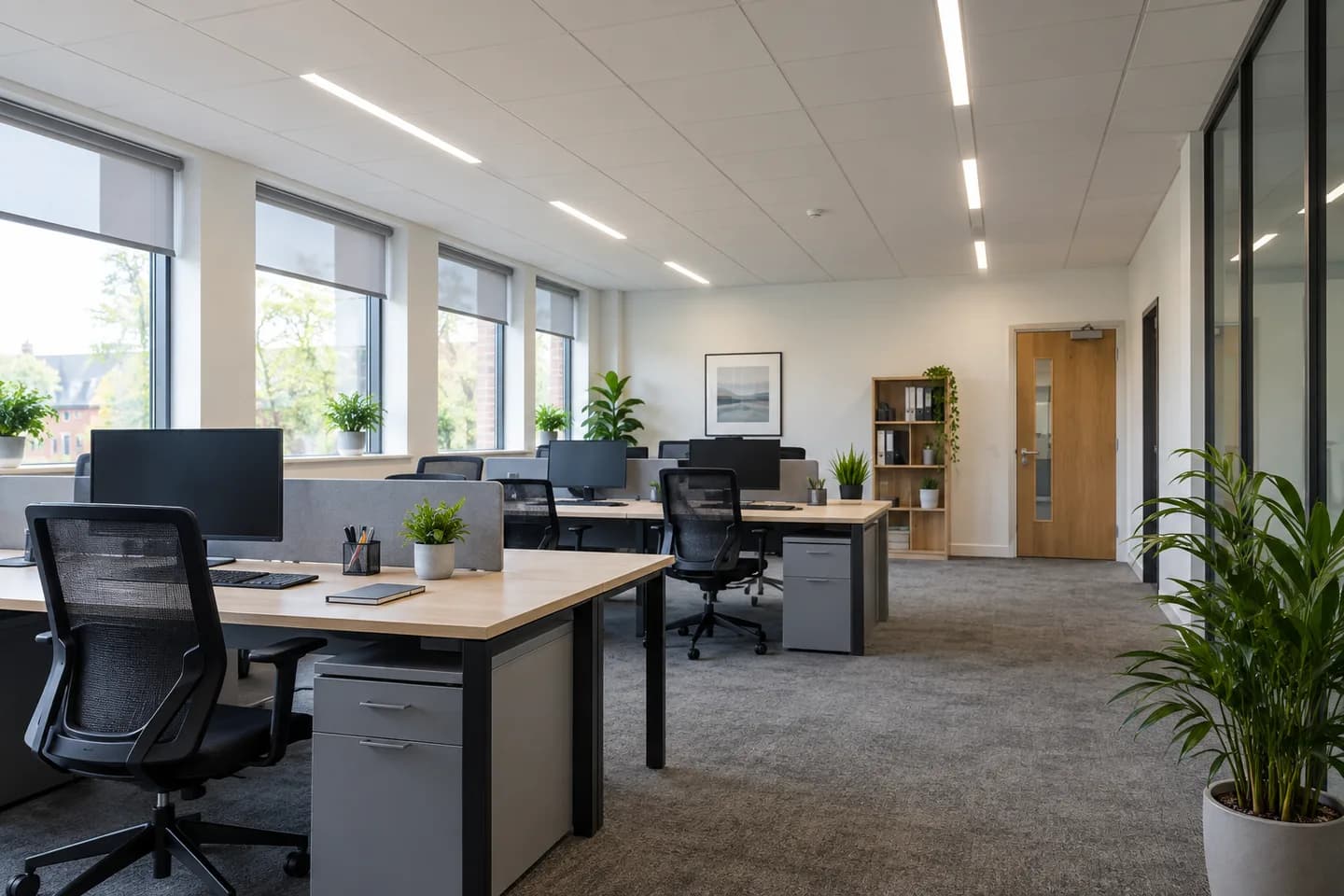 Office combining linear ceiling lighting with daylight