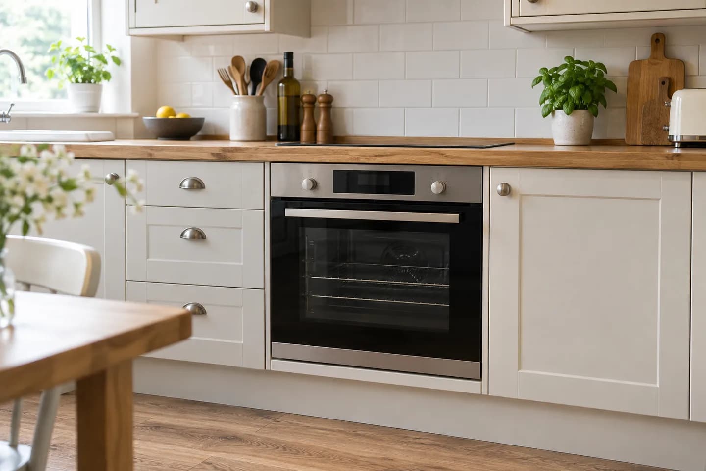 Built-in electric oven beneath a kitchen worktop