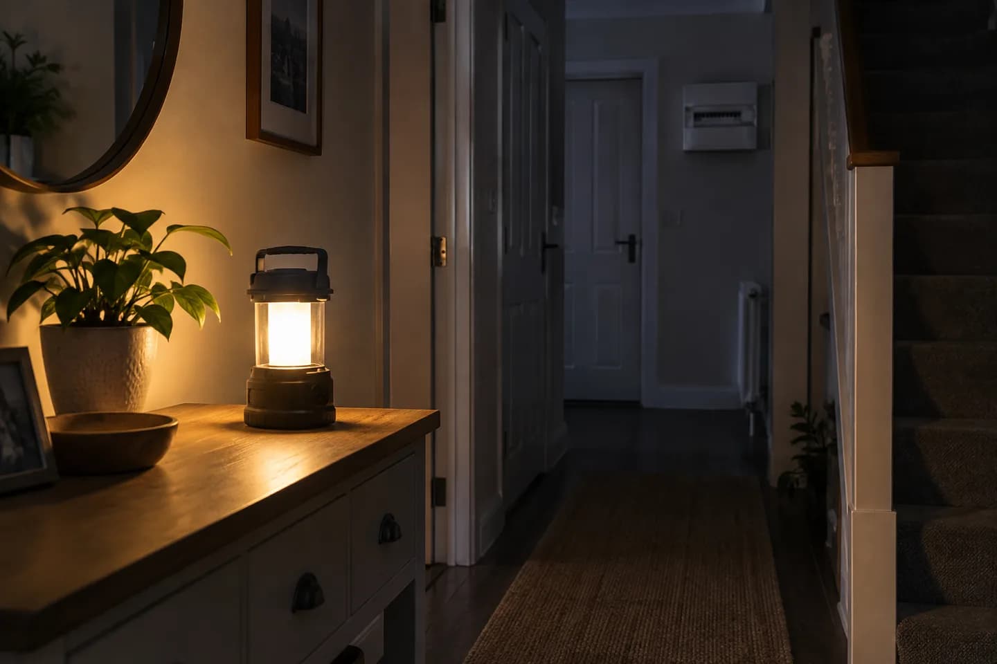 Battery lantern lighting a hallway during a power cut