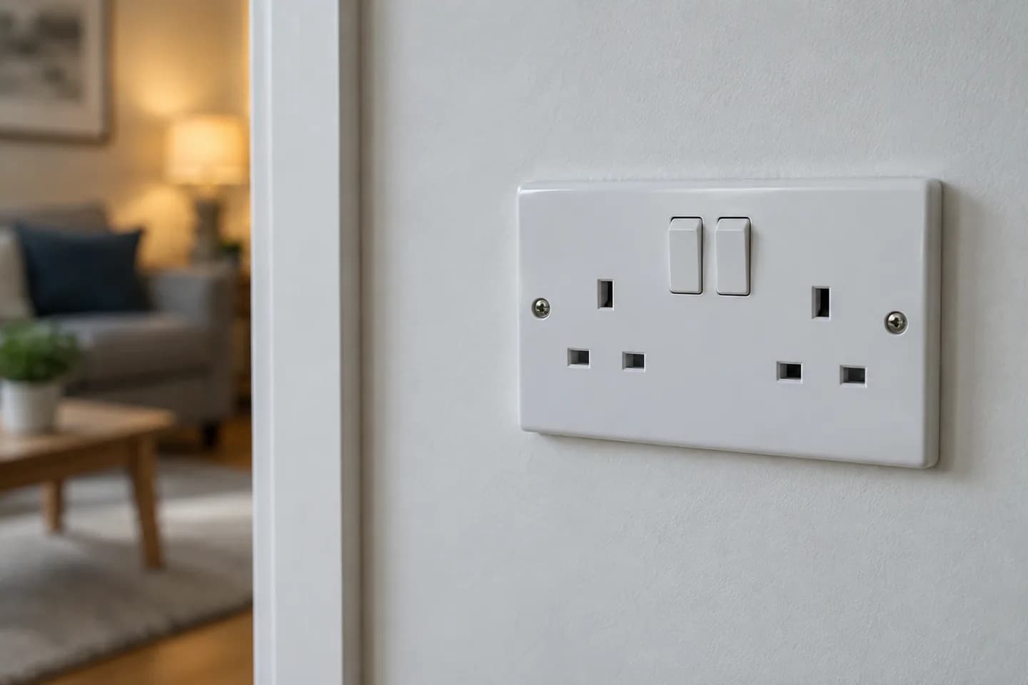 UK double switched socket on a painted interior wall