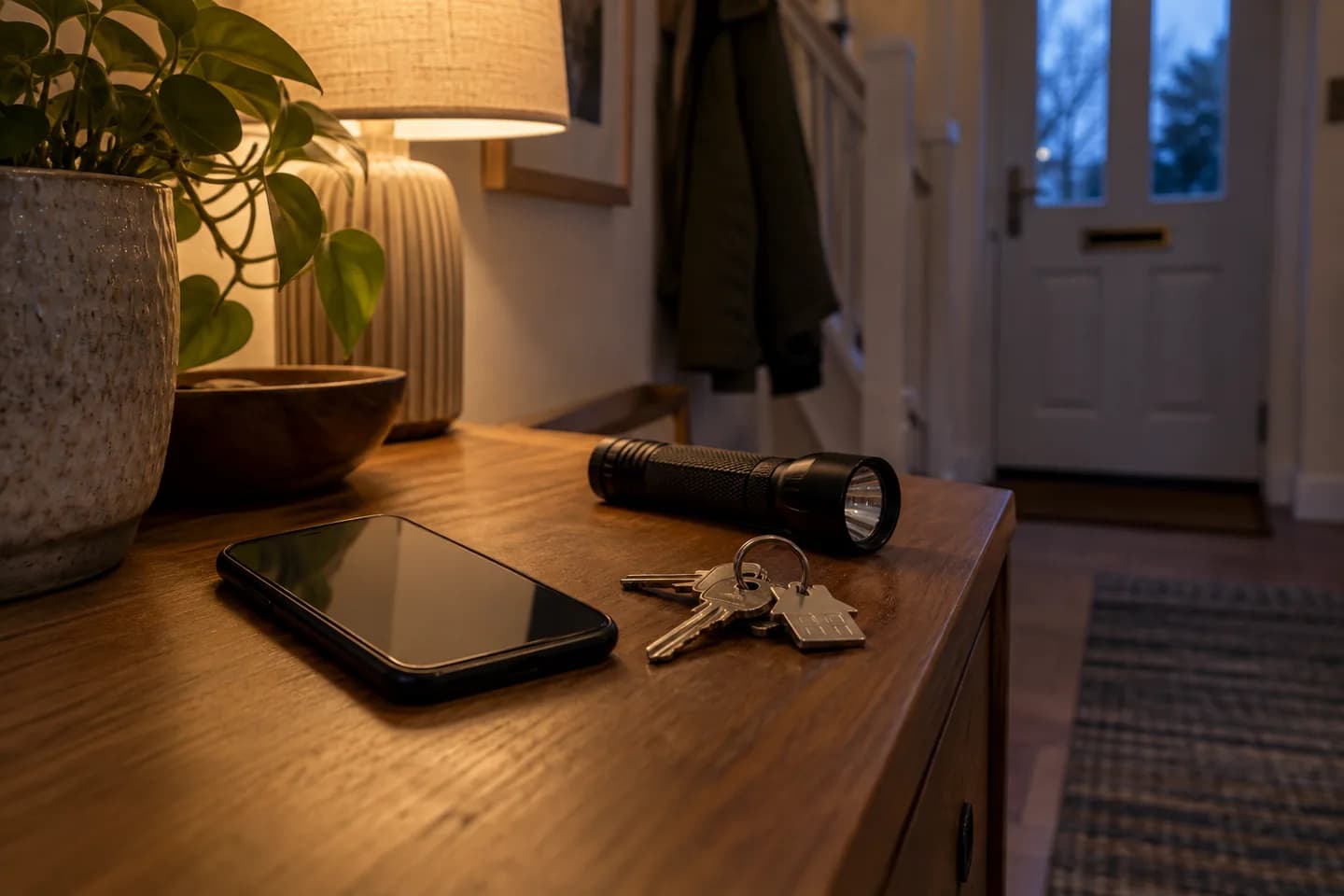 Phone, keys and a battery torch on a hallway table