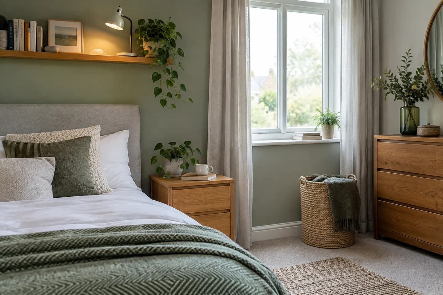 Bedroom with a reading lamp and neatly managed cables