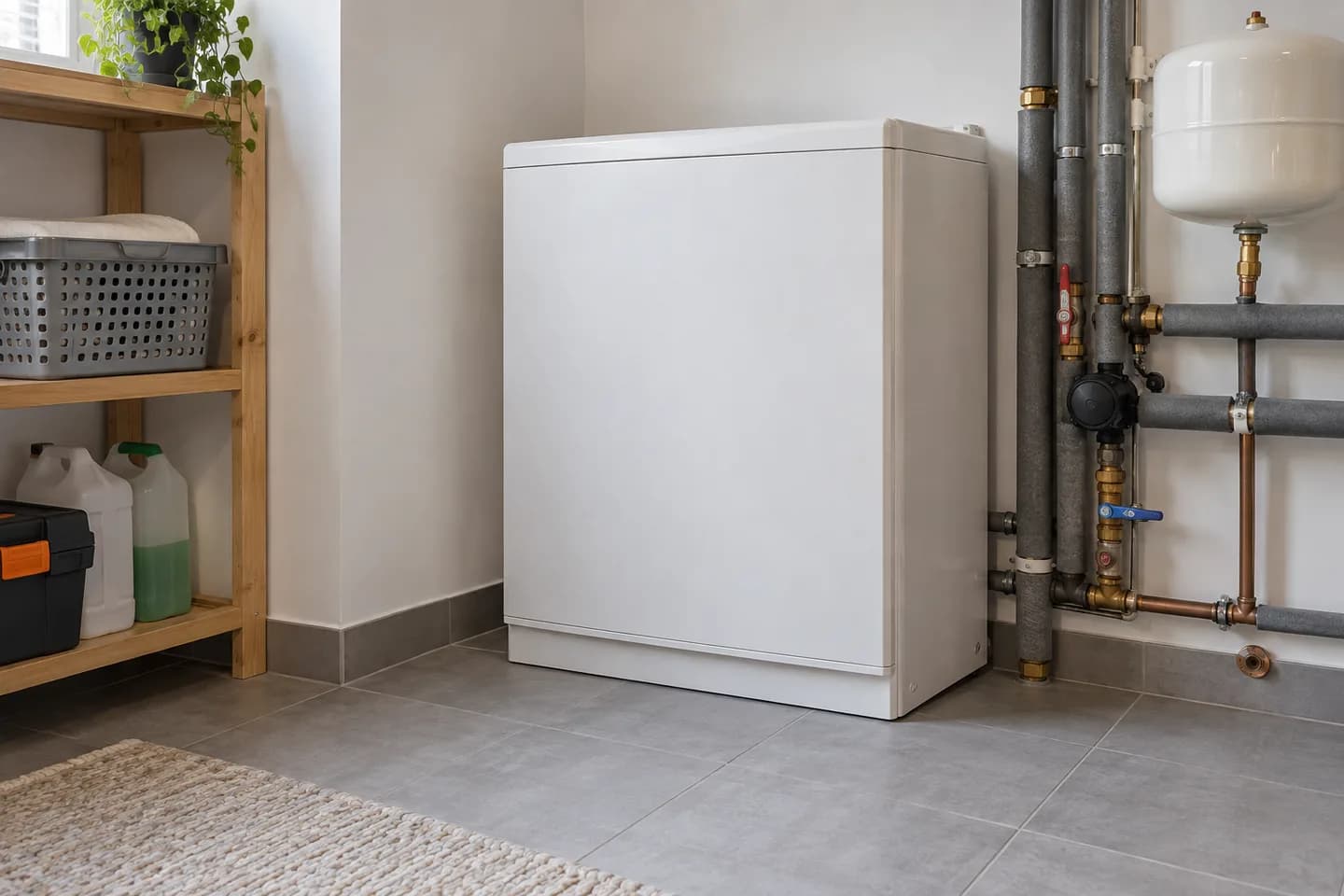 Closed heating cabinet and insulated pipework in a utility room
