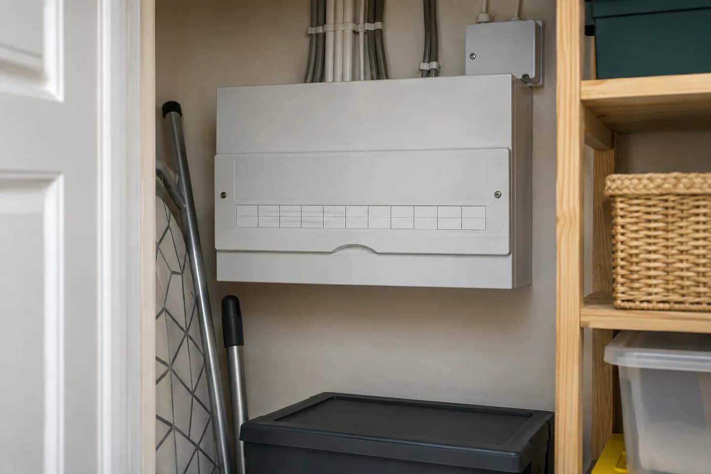 Closed domestic consumer unit in a utility cupboard