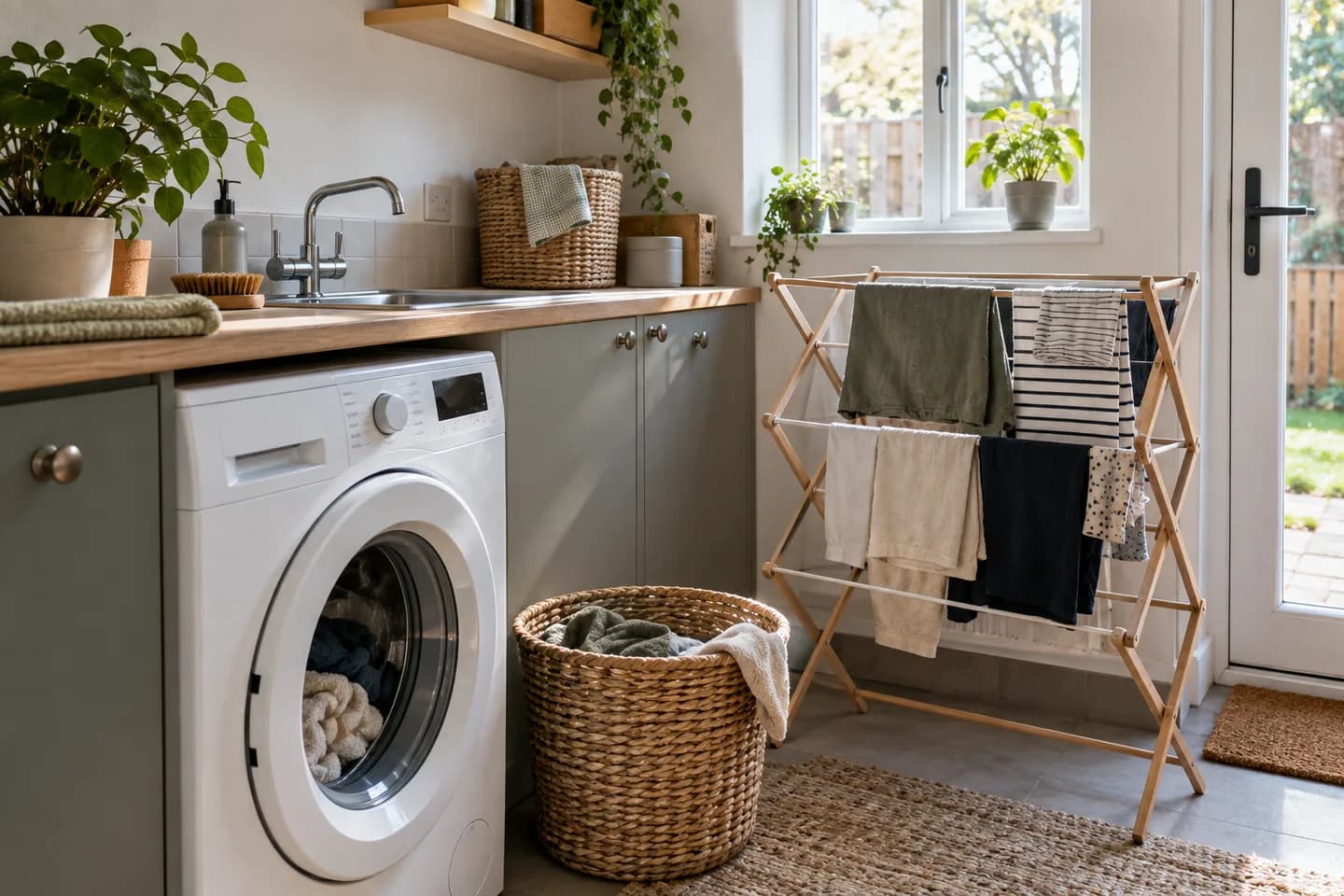 Laundry drying beside a washing machine in a utility room