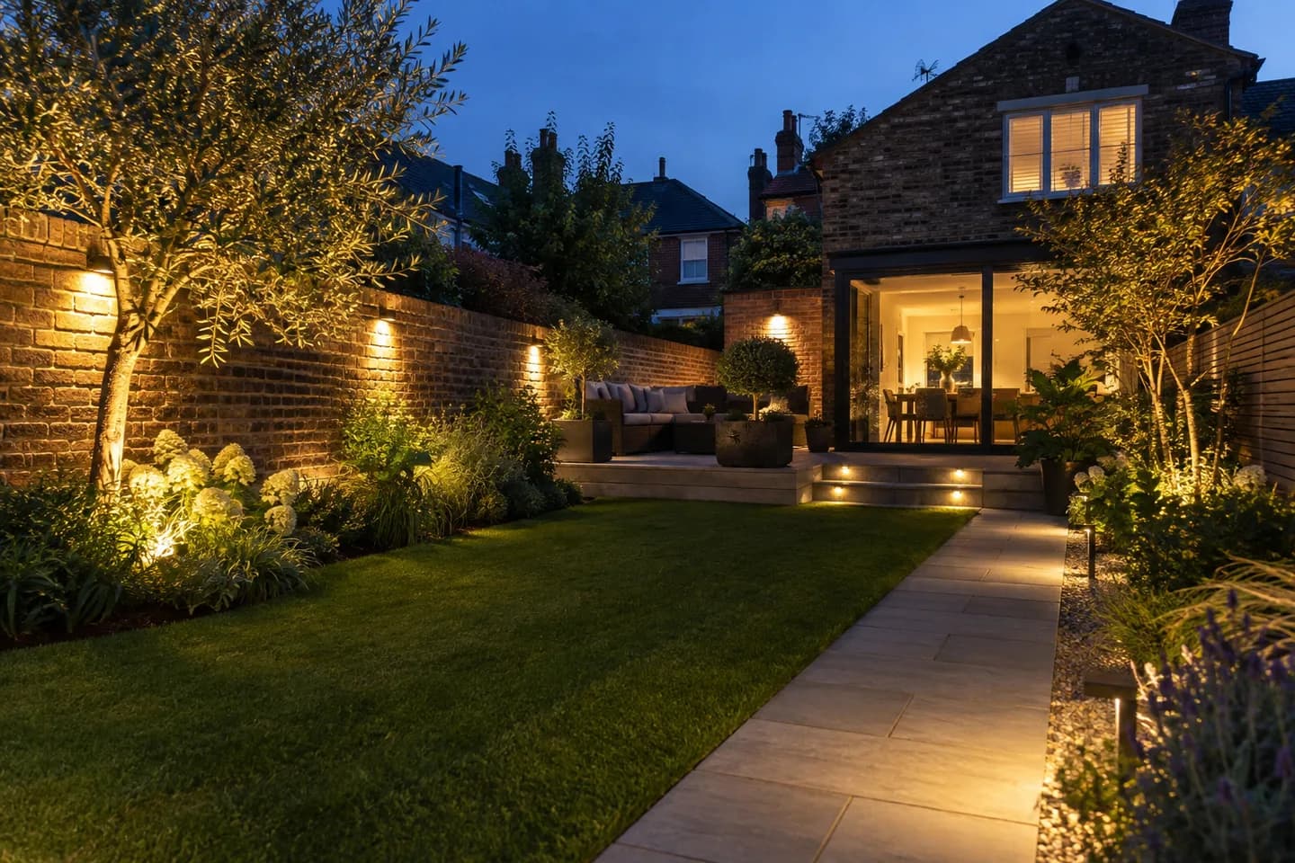 Garden path and planting illuminated by warm outdoor lighting