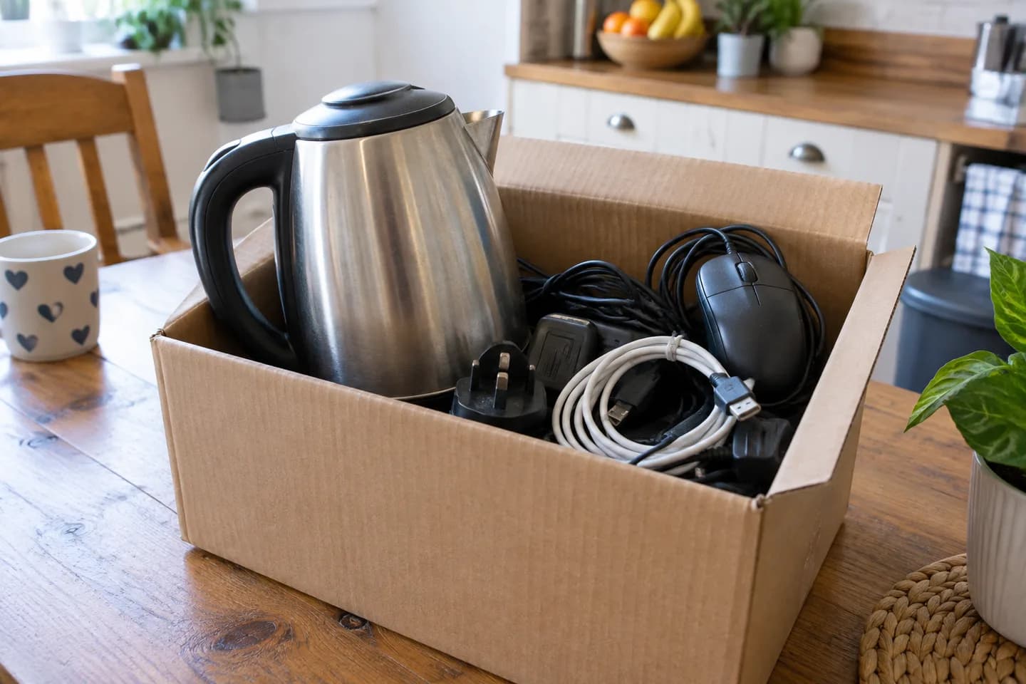 Old kettle, mouse and cables collected for electrical recycling