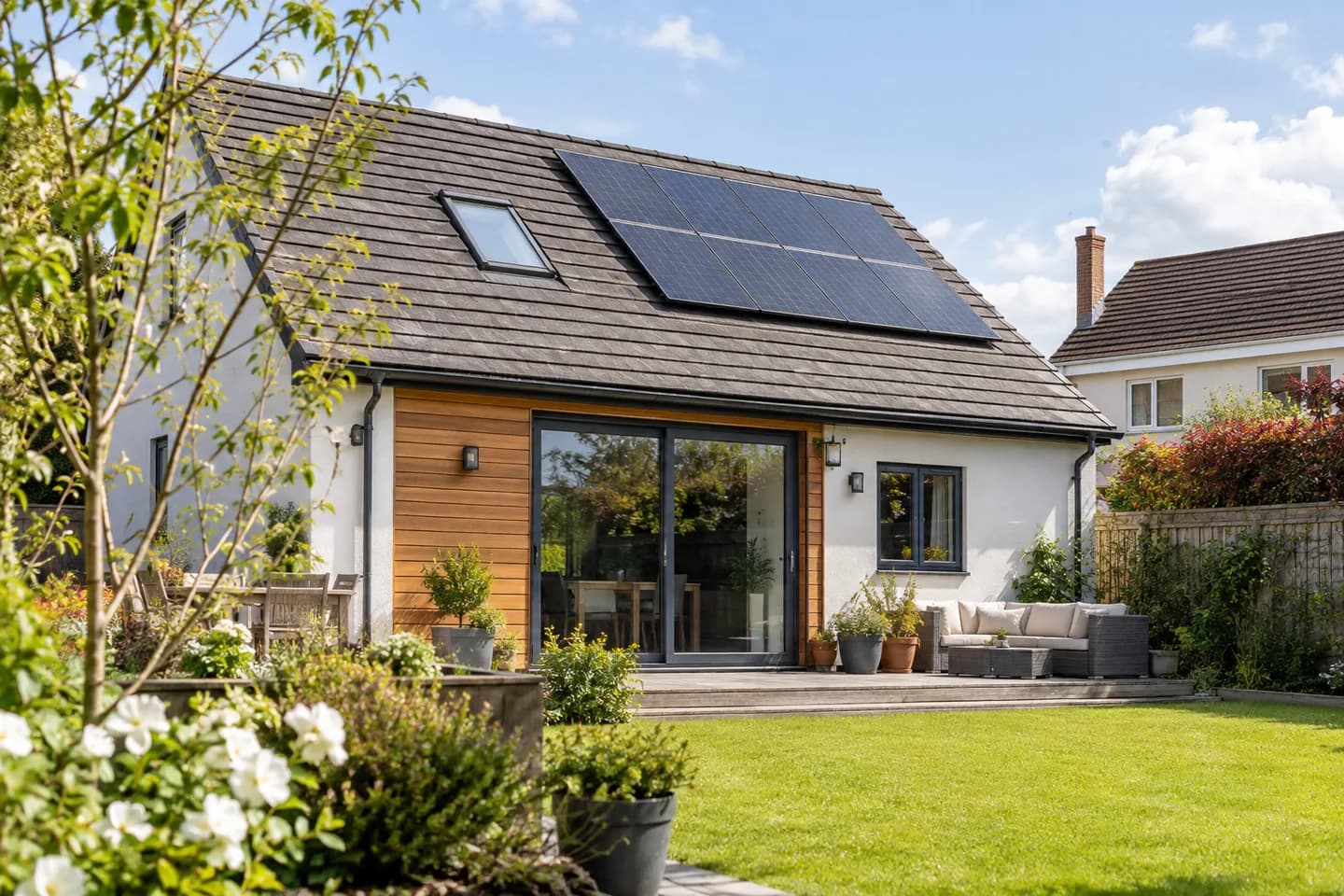 Home with rooftop solar panels and a garden