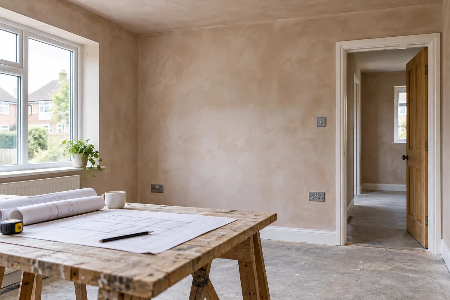 Plans on a table in a room being renovated