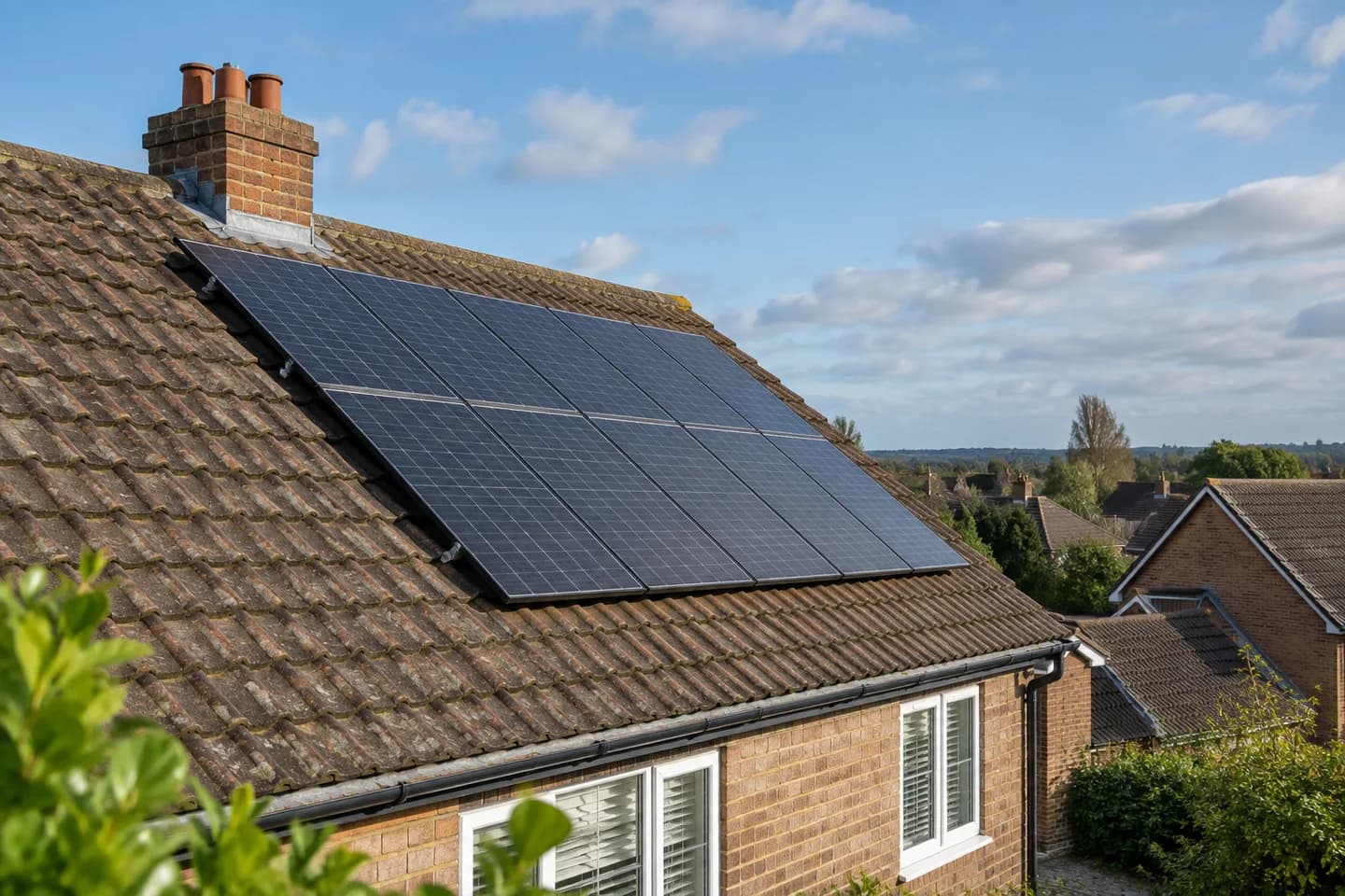 Solar panel array fitted around a residential roof layout