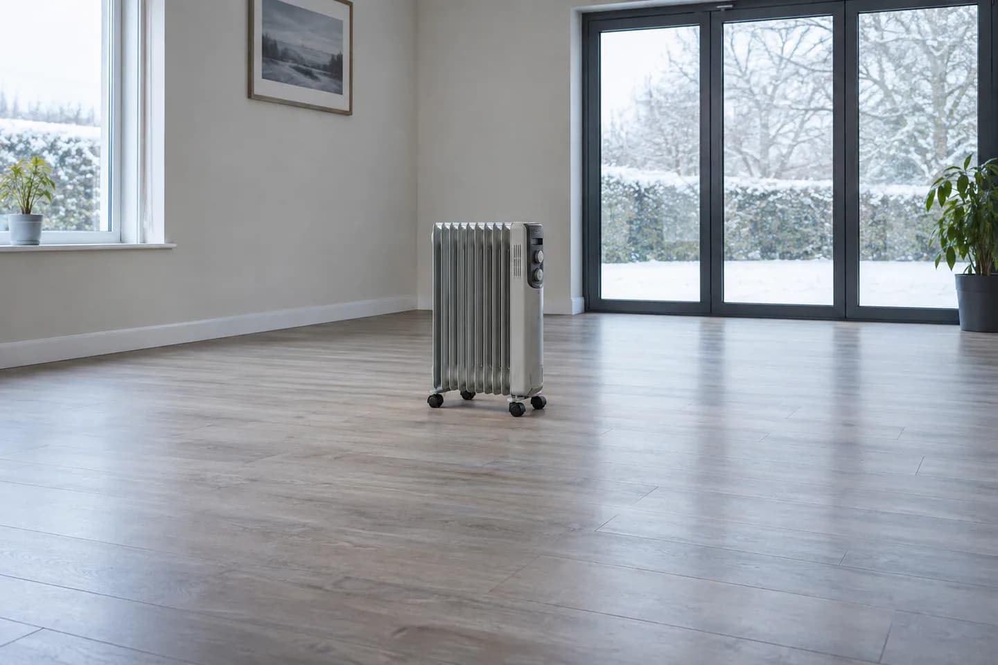 Portable oil-filled radiator with clear floor space around it