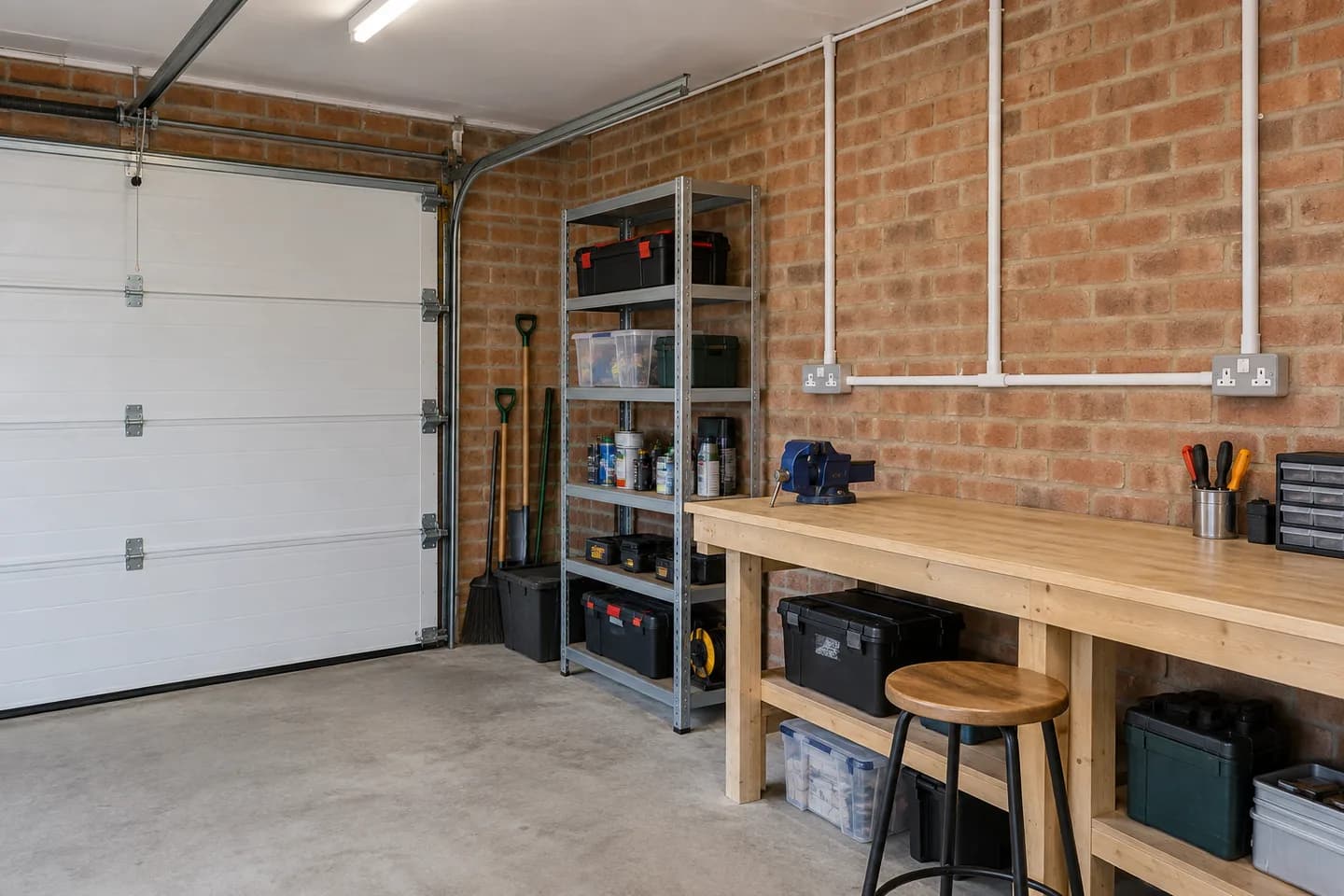 Neat surface-mounted conduit and sockets in a garage