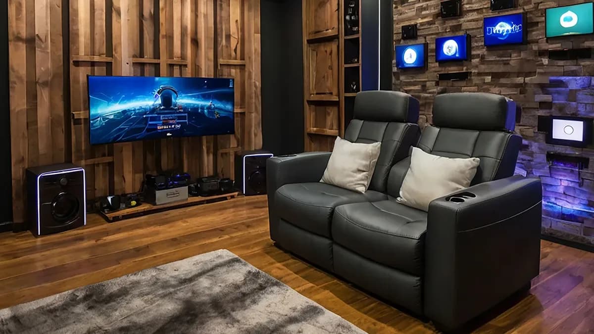Home media room with a screen and seating