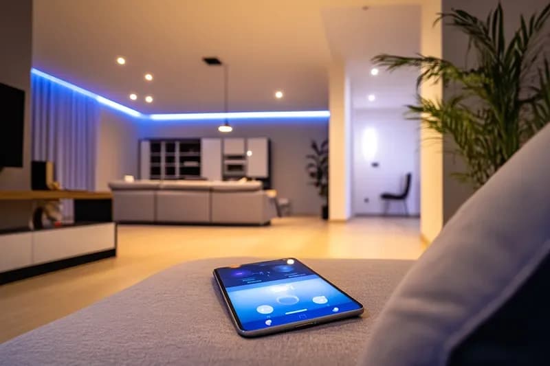 Tablet showing controls in a lit home interior