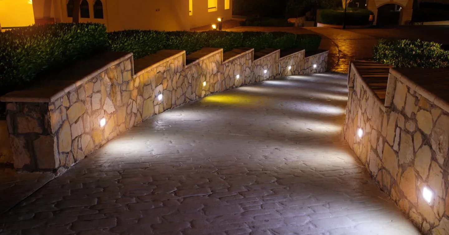 Illuminated outdoor steps and garden lighting